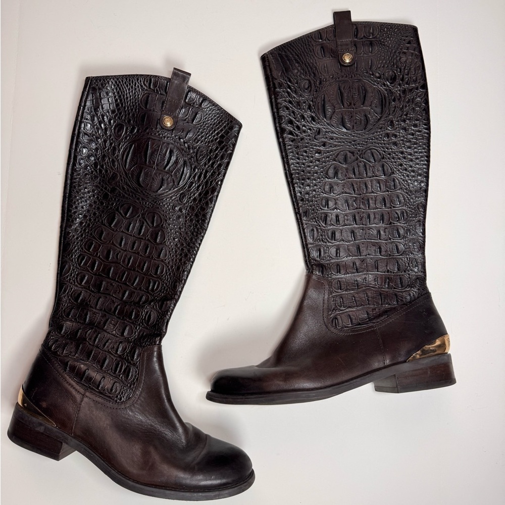 Vince Camuto Croc-Embossed Knee-High Boots – Brown – Gold Heel Detail